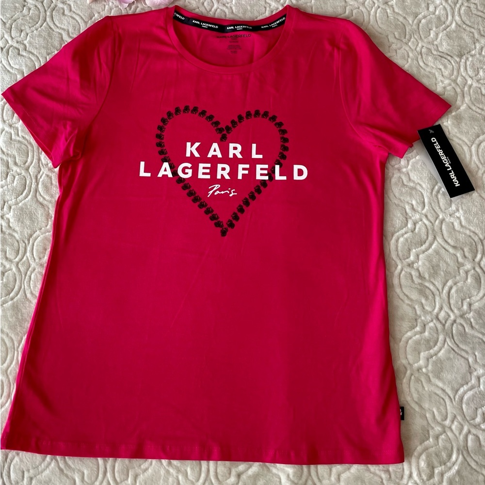 Karl Lagerfeld Paris Heart Logo Bright Rose Women’s Tee/Sz:XL/NWT